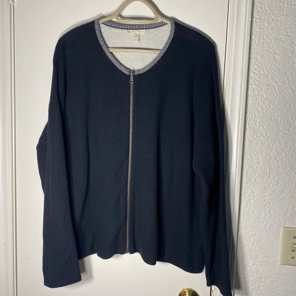 Eileen Fisher XL Black Organic Cotton Full Zip Textured Knit Cardigan Sweater
